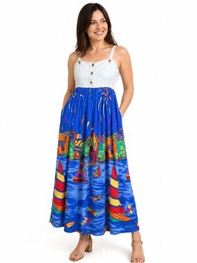 Vintage Carole Little Sport Whimsical Coastal Nautical Midi Maxi Dress Size 4